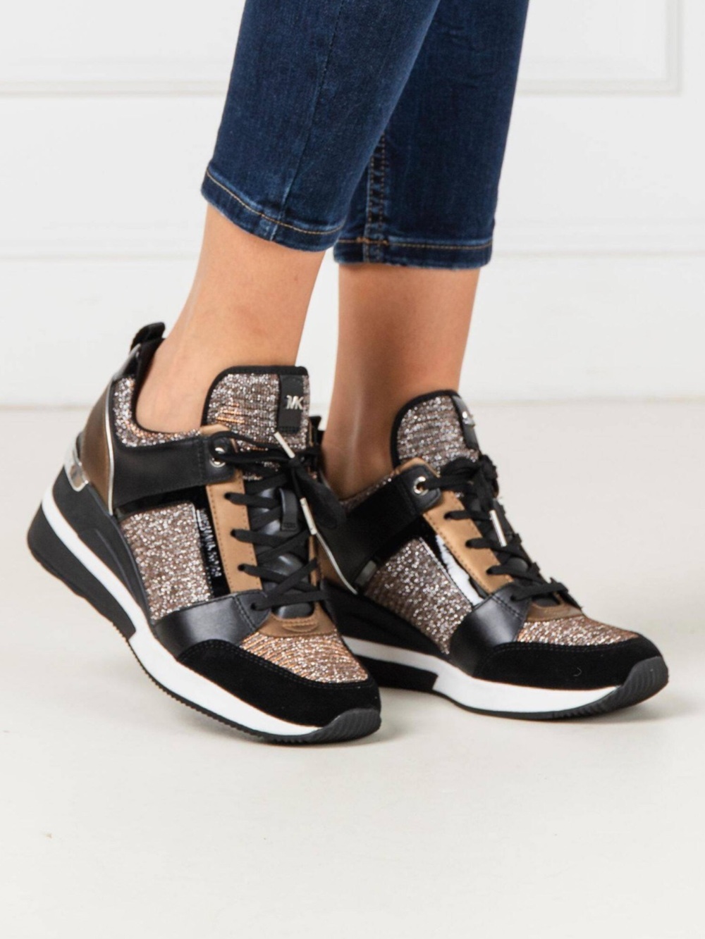 Michael Kors Georgie Trainer Black & Gold Glitter Wedge Sneakers Size 7